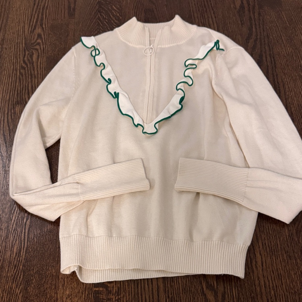 Tory Sport Cream Zip Sweater with Green Ruffle Trim
